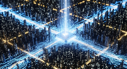 A glowing central processing unit (CPU) acts as the heart of a futuristic circuit board city, with light beams symbolizing data flow and network connectivity