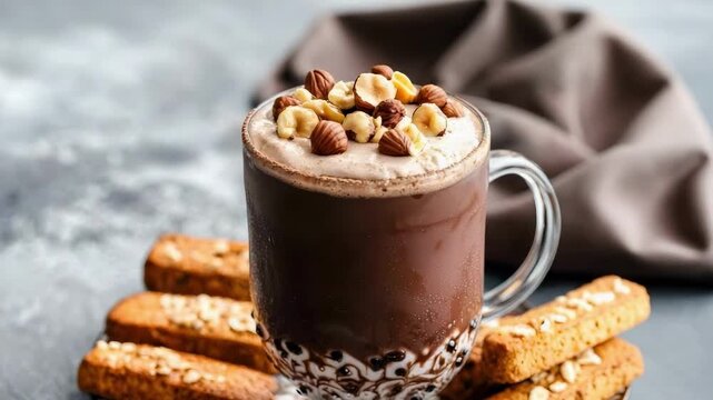 A glass mug of hot chocolate topped with whipped cream and chopped nuts, surrounded by biscotti on a patterned plate.