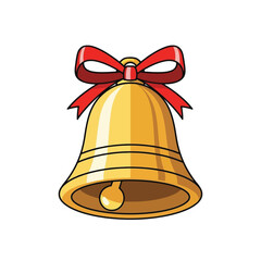 A golden bell with a red ribbon bow.