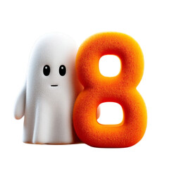 Ghostly Eight Cute cartoon ghost with orange number on black background.