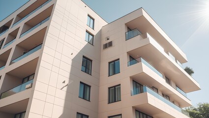 Fototapeta premium Modern Apartment Building Exterior with Clear Sky and Bright Sunlight