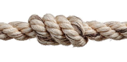 Close-up of a thick, light beige rope with a tight knot.  Dark brown strands weave through the rope, creating a textured appearance