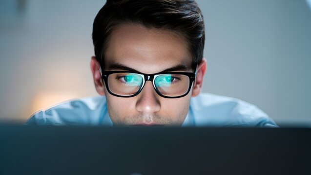 Focused man stares intently at a glowing screen, illuminated by its bright light in the darkness.