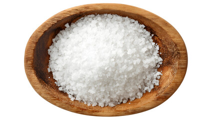 Obraz na płótnie Canvas fine white salt in wooden bowl top view isolated on white