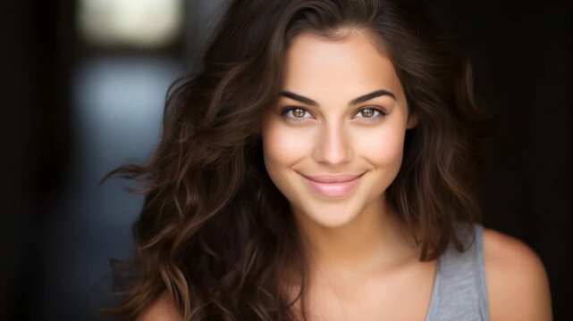 Natural beauty showcases effortless charm and radiant smile in a peaceful indoor setting