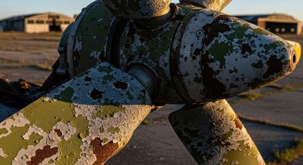 Close-up of weathered aircraft propeller with peeling paint, aging outdoors