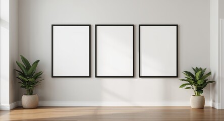 Minimalist Interior With Three Frames And Plants, A Simple Aesthetic Presentation.