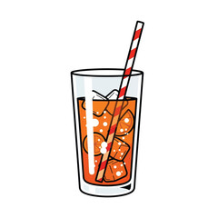 Refreshing glass of orange juice with ice cubes and a striped straw, perfect for summer.