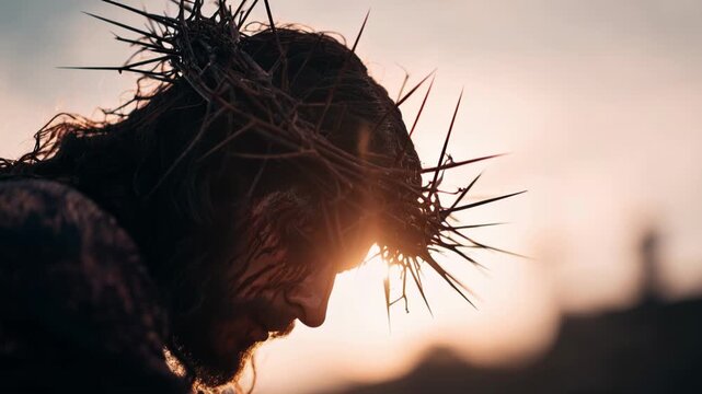 Jesus in deep contemplation wearing a crown of thorns at sunset

