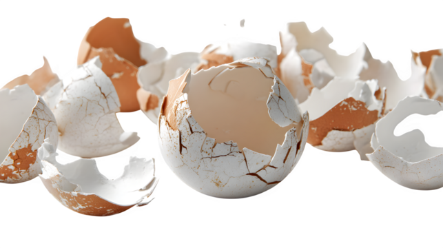 cracked eggshells in broken pieces isolated on white