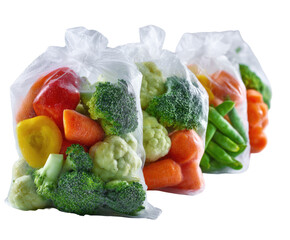 Three clear plastic bags filled with assorted fresh-cut frozen vegetables.  Colorful medley of broccoli florets, carrot chunks, bell pepper pieces, and green beans.  
