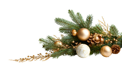 holiday corner decoration with pine, ribbon and ornaments isolated on white
