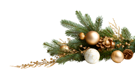 holiday corner decoration with pine, ribbon and ornaments isolated on white