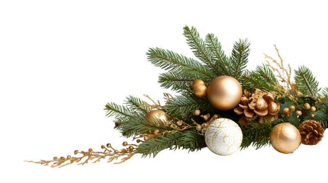 holiday corner decoration with pine, ribbon and ornaments isolated on white