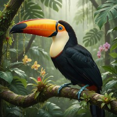 Naklejka premium Close-Up Photography of Colorful Toucan with Bright Beak Sitting on Tropical Branch in Lush Green Jungle – Perfect Exotic Bird Wall Art