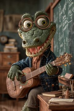 Cute alligator character with glasses playing acoustic guitar in a classroom illustration
