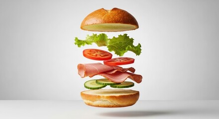 Deconstructed sandwich flying ingredients in a gradient lit studio shot