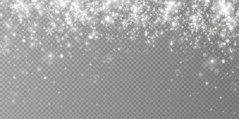 Christmas background with large snowflakes. Crystalline snow particles. White transparent design with snow imagery. Whirling snowflakes, January theme. Landscape with snowstorm.