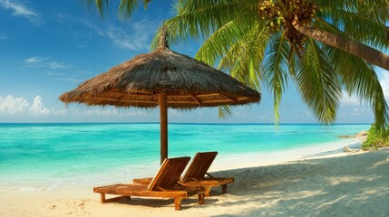 Obraz premium The tranquil beach scene featuring a thatched umbrella and wooden loungers.