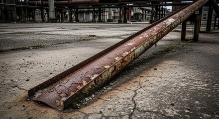 Decaying industrial site rusted slide, pipelines, cracked concrete, bleak, gray