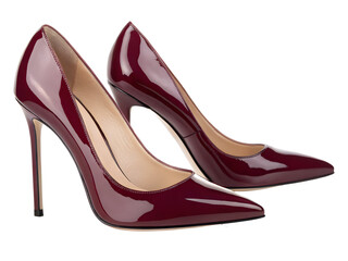 Maroon Glossy Patent Leather Stiletto High Heels Pair Pointed Toe Shoes isolated on a transparent background