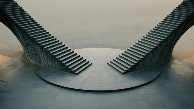 Grand symmetrical stone staircases rising upward in monumental design