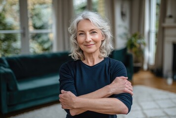 Smiling mature woman with arms crossed in living room, blurred background