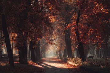 Fototapeta premium A scenic path winding through a beautiful park during autumn, with a wooden bench and rows of trees lining the sides. The setting sun casts a warm glow over the tranquil scene.