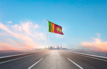 Sri Lanka national flag with mast waving with beautiful skyline. A view from highway. Sri Lanka...