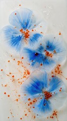 Floral resin art 3 translucent flowers with blue centers & amber accents on white
