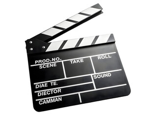 Obraz premium Black and white film clapperboard studio shot against black background showing scene take sound roll prod no director and cameraman labels isolated on a transparent background