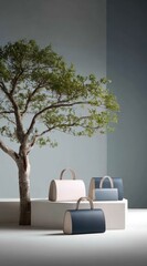 Minimalist scene with small tree next to handbags on pedestals, in soft light
