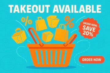 Takeout available with ORDER NOW, SAVE 20% promotion, vibrant cartoon style, appealing retail discount offer.