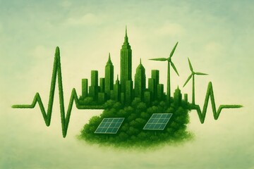 A futuristic city skyline shaped like a heartbeat line, made of plants, solar panels, and wind turbines, symbolizing sustainability as earth’s true lifeline.