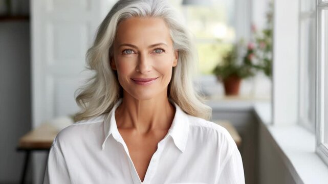 Smiling woman with long grey hair near a sunlit window in a cozy indoor space enjoying a moment of tranquility and self-reflection