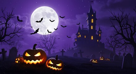  Halloween Landscape of Castle Under Purple Moonlight