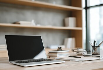Laptop and stationery on modern office desk