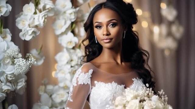 Elegant bride poses in floral setting with wedding bouquet in hand, showcasing stylish gown and serene atmosphere