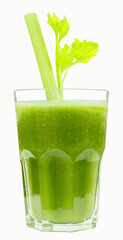 A glass of green celery juice - celery smoothie isolated on white background. Celery drink prepared...