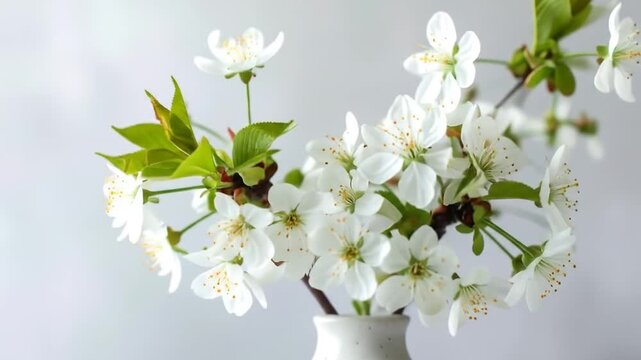 Cherry blossoms in white vase with spring floral.