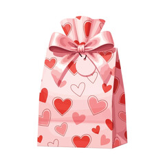 Pink gift bag adorned with red and pink heart patterns and a large ribbon bow, perfect for Valentine's Day.