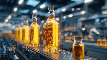 Bottled liquid on a conveyor belt, industrial setting