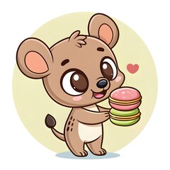 Adorable Chibi Baby Fossa Kit With Big Sparkly Eyes Sweetly Holding A Colorful Macaron Treat, Whimsical Pastel Cartoon Style, Cute Kawaii Fantasy Forest Animal Character