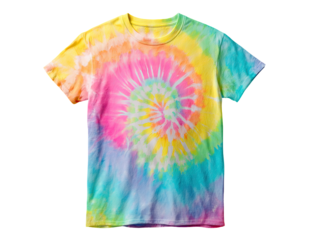 Vibrant tie-dye t-shirt, featuring a swirling rainbow pattern of pastel colors on a plain white tee