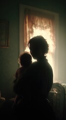 Silhouette of a woman holding a baby indoors, near a bright window with diffused light creating a soft, nostalgic atmosphere