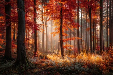 Fototapeta premium A majestic autumn forest clearing filled with vibrant red leaves under golden sunlight.