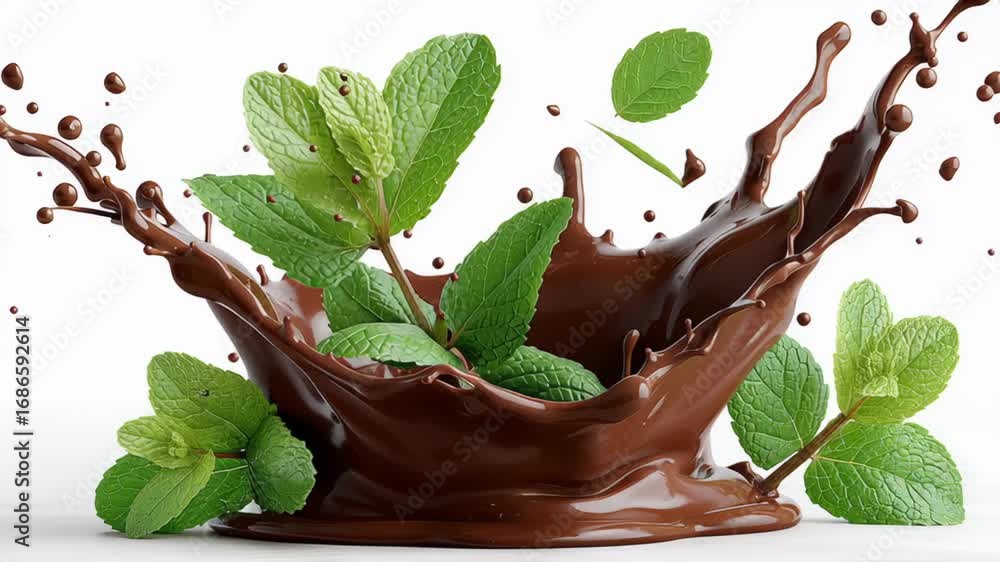 Poster chocolate splash with fresh mint leaves creating dynamic motion, showcasing the vibrant interaction 