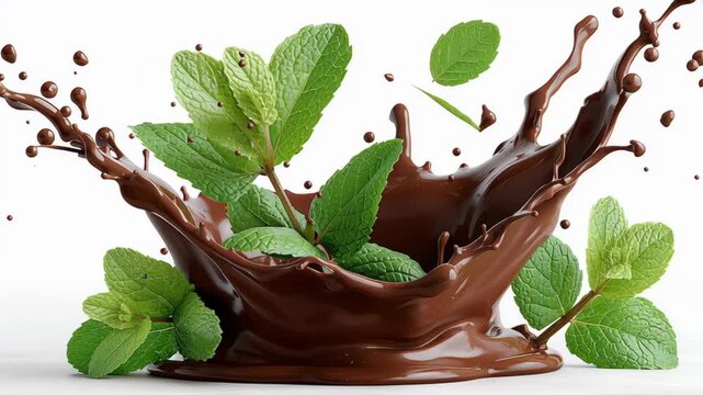 Chocolate splash with fresh mint leaves creating dynamic motion, showcasing the vibrant interaction of ingredients in a visually captivating sequence, emphasizing texture and fluidity in culinary art