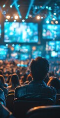 Rear view of a person watching bright screens in a darkened audience, with overhead lights. Warm and cool color contrast is present