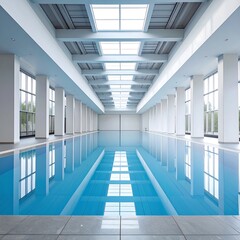 Tranquil indoor pool with high ceilings and natural light